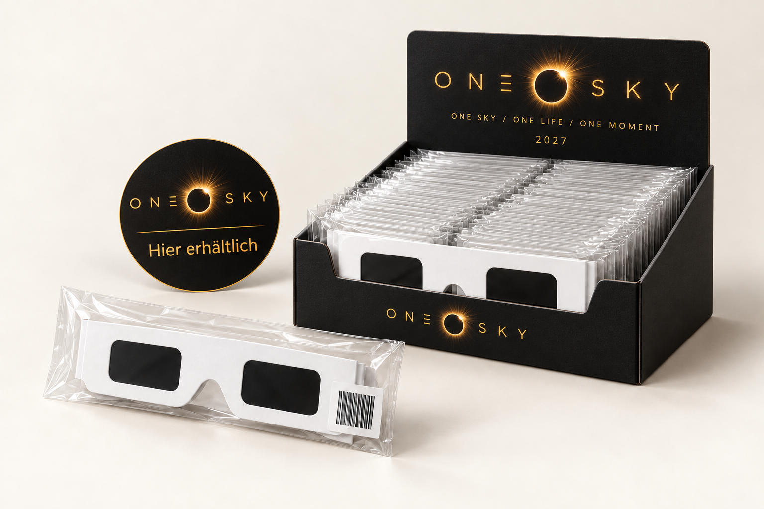 Gestaltungsvorschlag für das ONE SKY Verkaufsdisplay 2027 mit passendem Aufkleber.